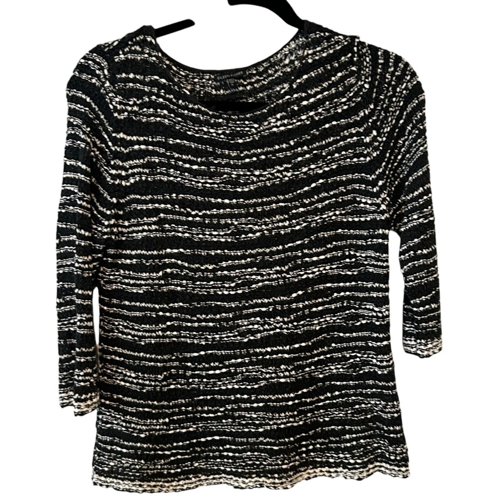 Eileen Fisher Women's Black‎ and White Striped Nubbly Cotton Sweater in Size XL